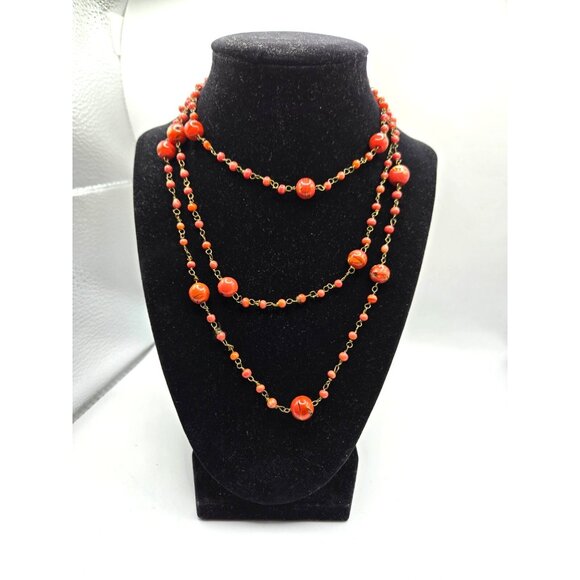 Vintage HandPainted Glass Bead Necklace Red Coral Tone Lampwork Mid Century Boho - Picture 3 of 4